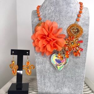 Orange Floral Statement Necklace and Earring Set